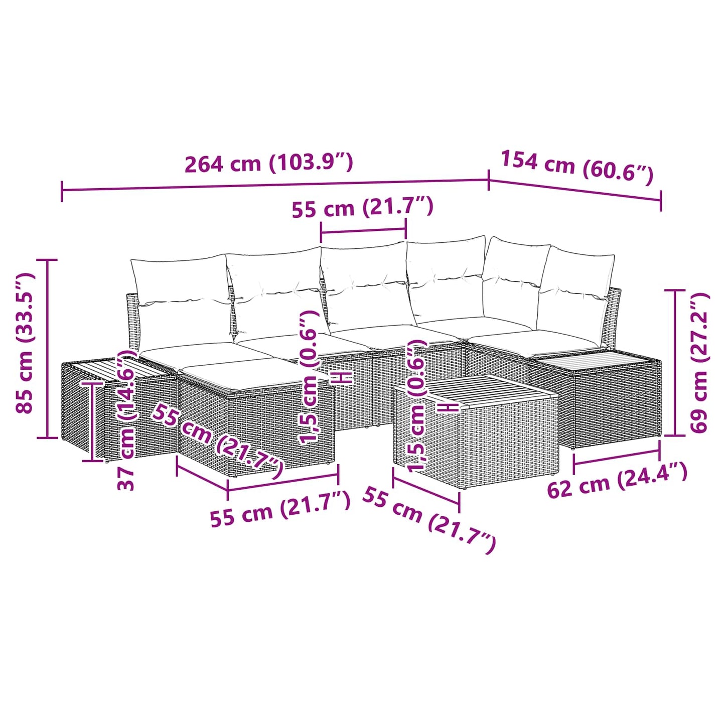 Gartensofa-set 7 stk. Schwarz Poly-Rattan