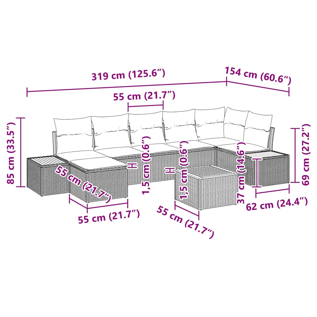 Gartensofa-set mit Kissen 8 pcs Beige Poly Rattan