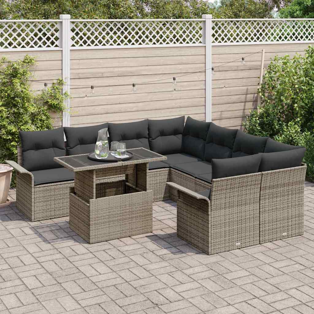 Gartensofa-set 9 stk. Grau Poly-Rattan