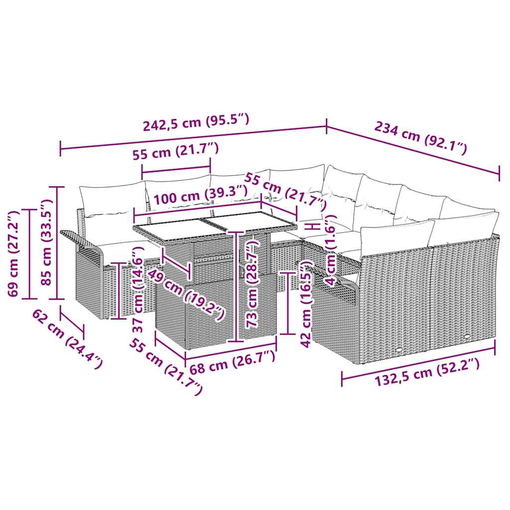 Gartensofa-set 9 stk. Grau Poly-Rattan
