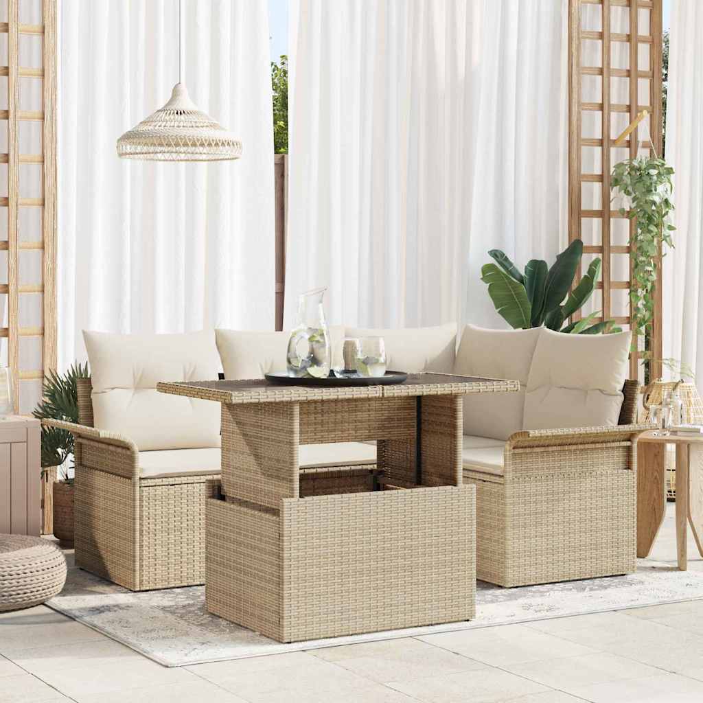 Garten-Sofa-Set mit Kissen 5 pcs Beige Poly Rattan