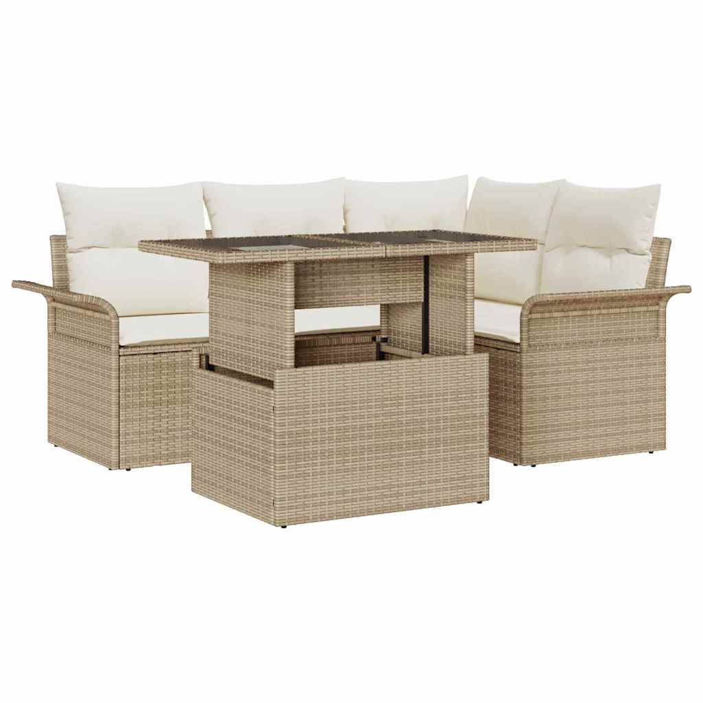 Garten-Sofa-Set mit Kissen 5 pcs Beige Poly Rattan