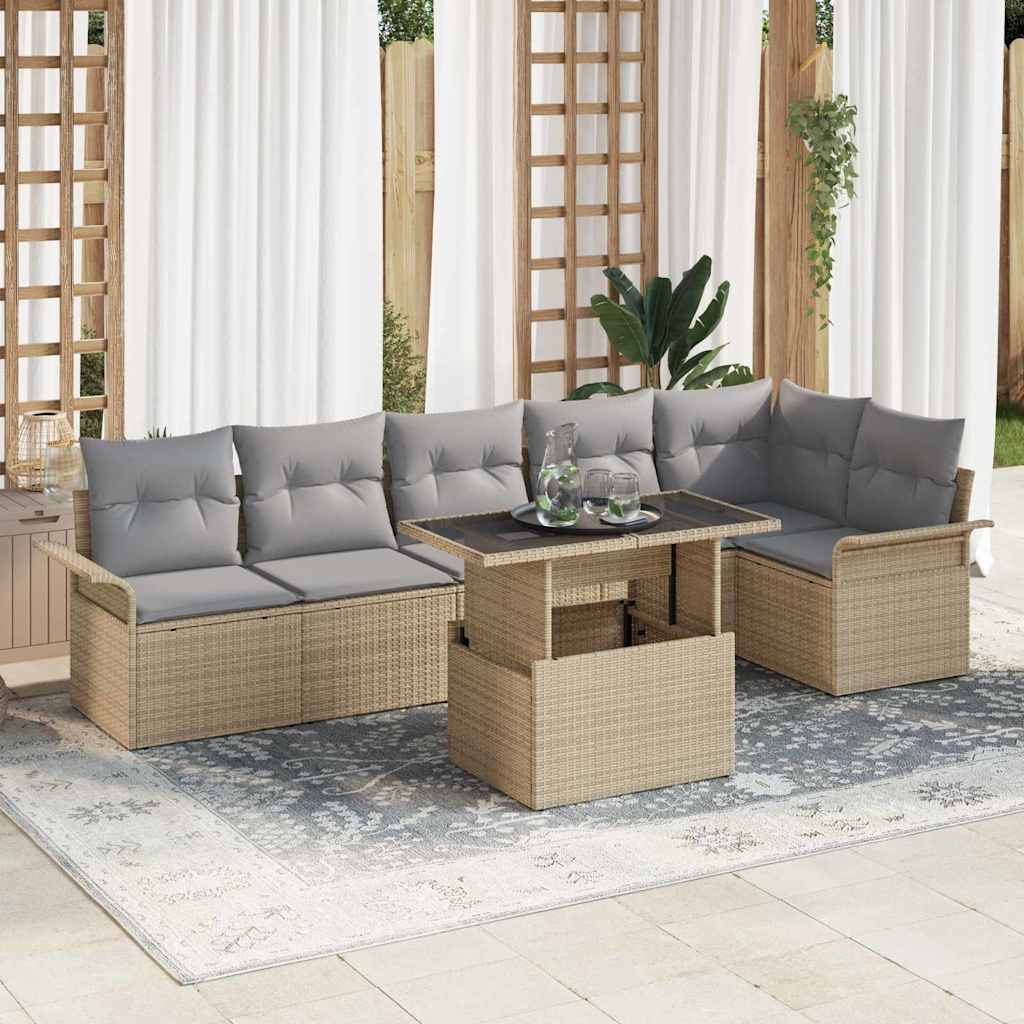 Gartensofa-set mit Kissen 7 pcs Beige Poly-Rattan