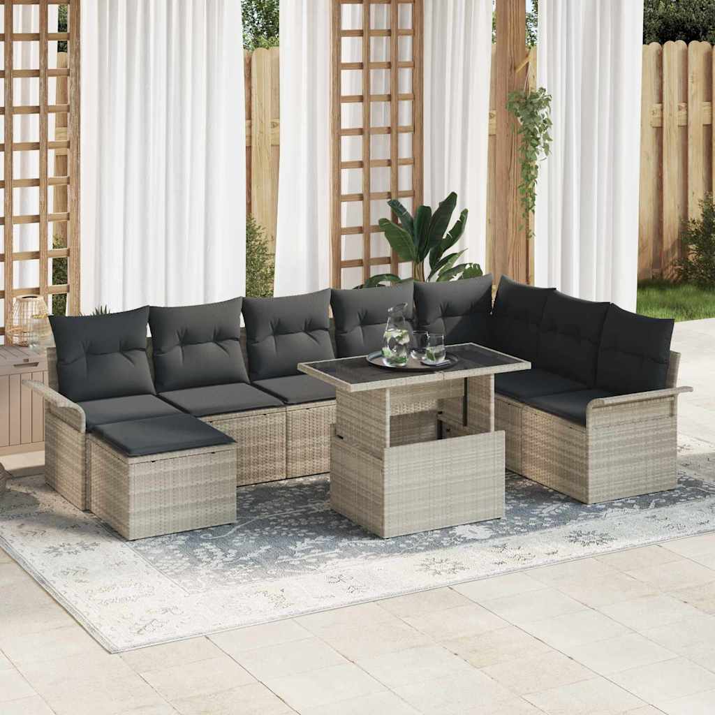 Sofa Set mit Kissen 9 pcs Hellgrau Poly-Rattan