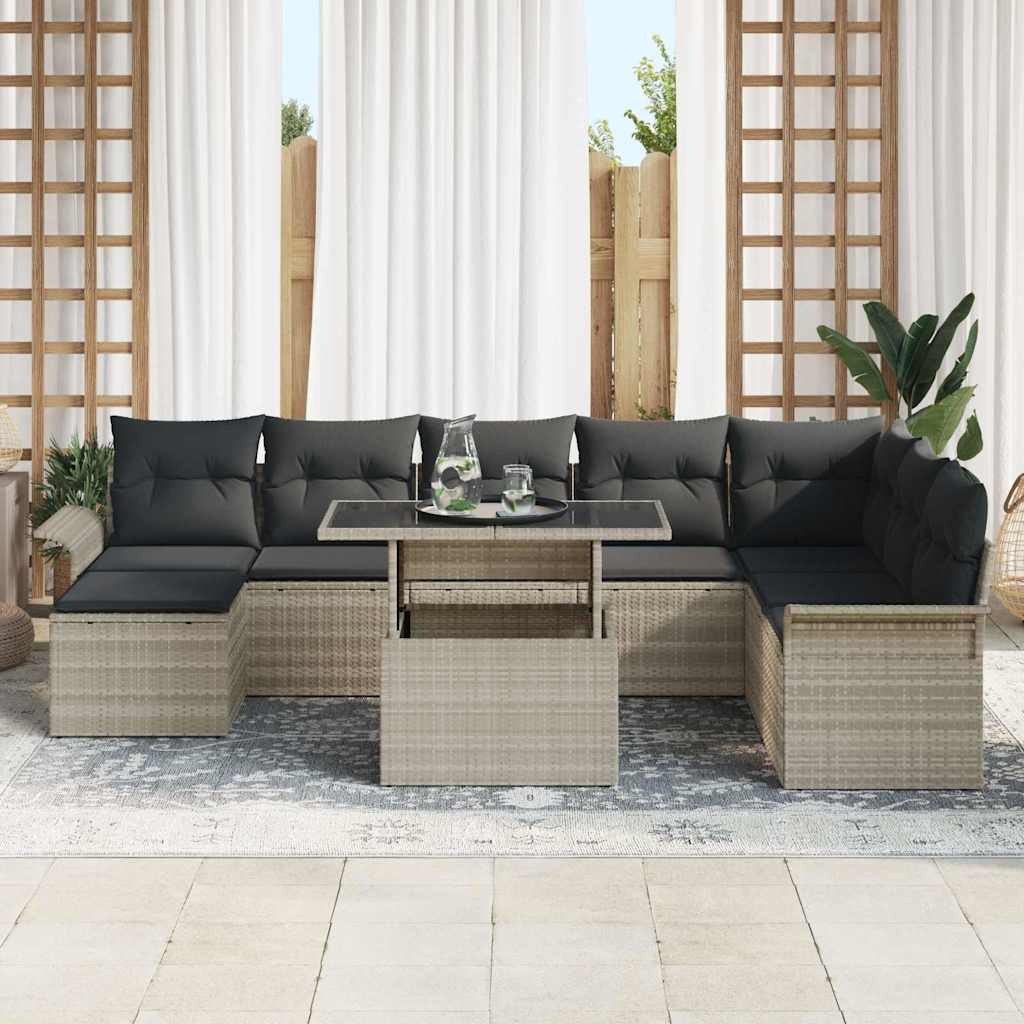 Sofa Set mit Kissen 9 pcs Hellgrau Poly-Rattan