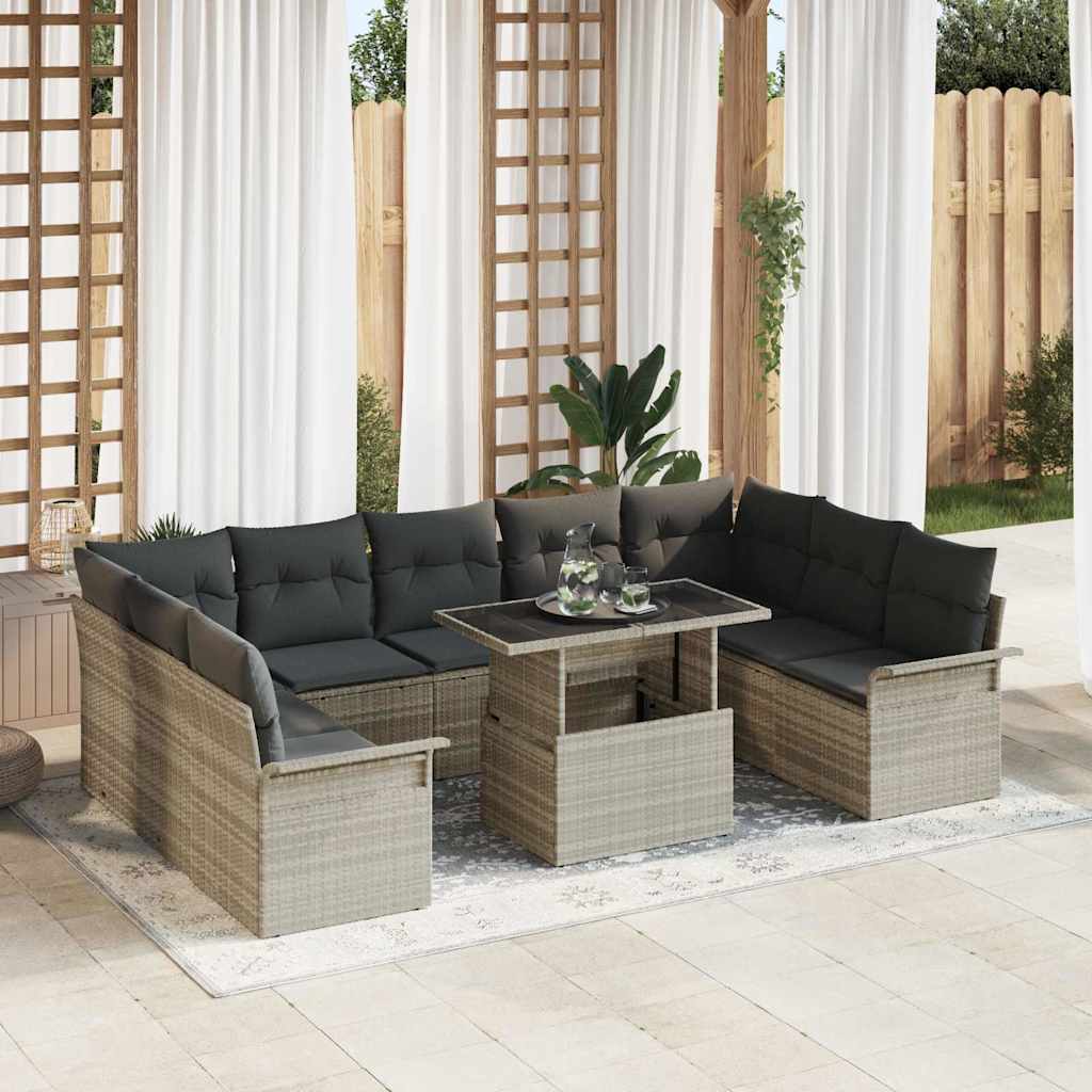 Sofa Set mit Kissen 10 pcs Hellgrau Poly-Rattan