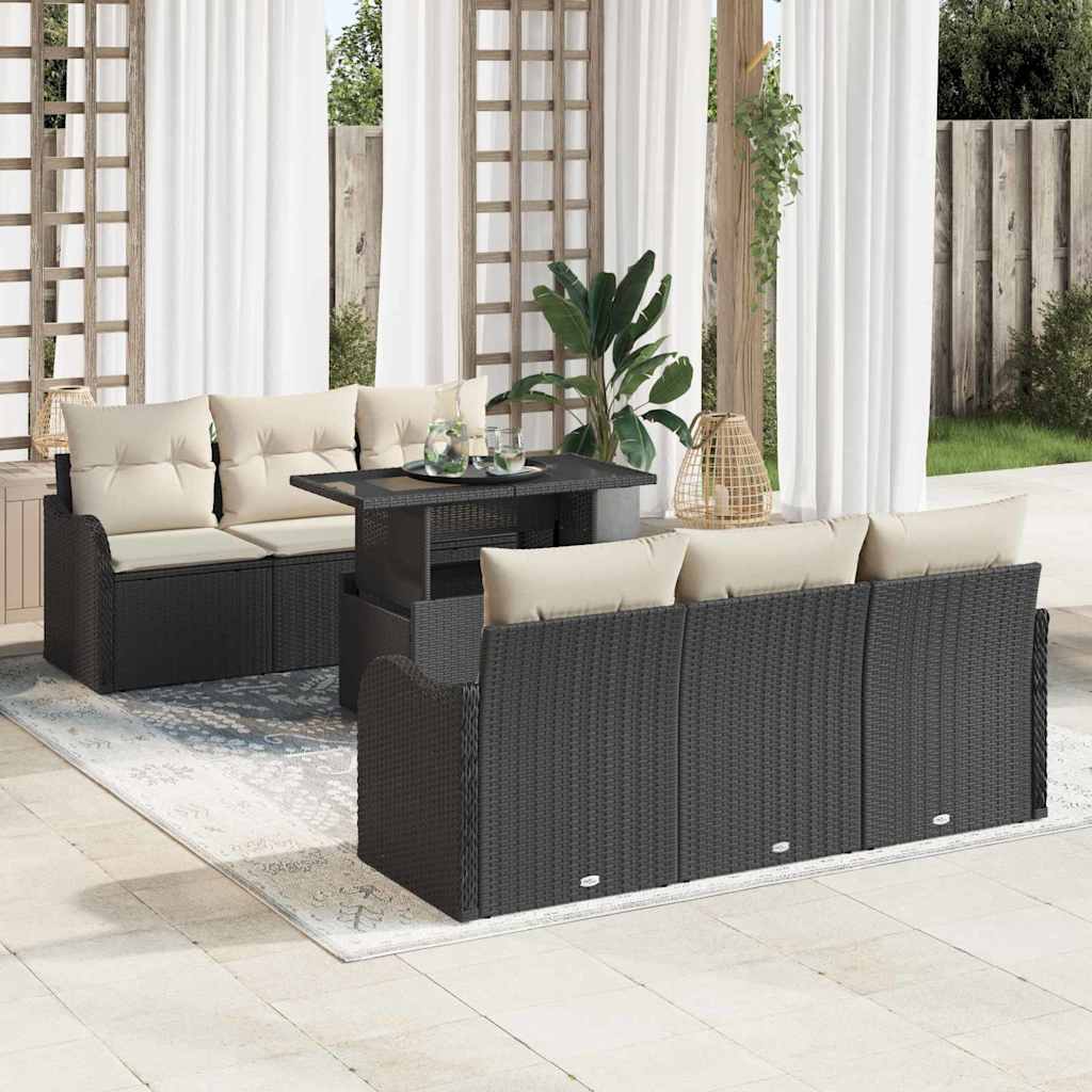 Gartensofa-set 7 stk. Schwarz und Creme Poly-Rattan
