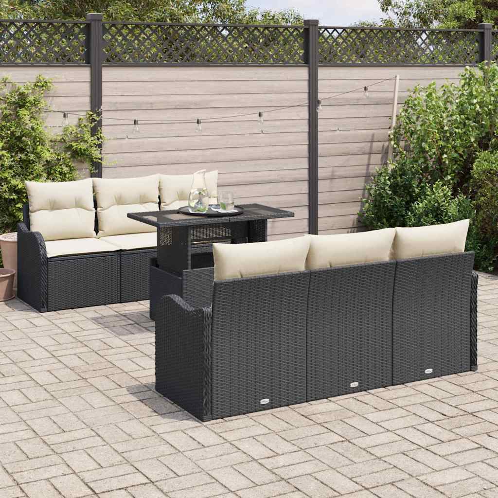 Gartensofa-set 7 stk. Schwarz und Creme Poly-Rattan
