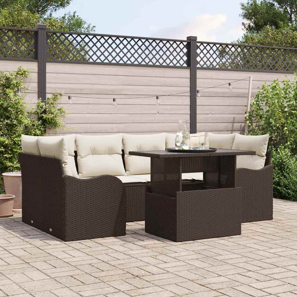 Gartensofa-set mit Kissen 7 pcs Braun und Creme Poly-Rattan