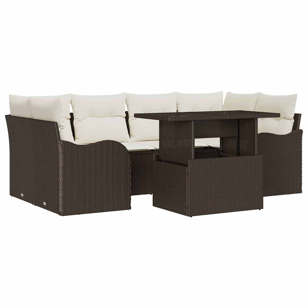 Gartensofa-set mit Kissen 7 pcs Braun und Creme Poly-Rattan