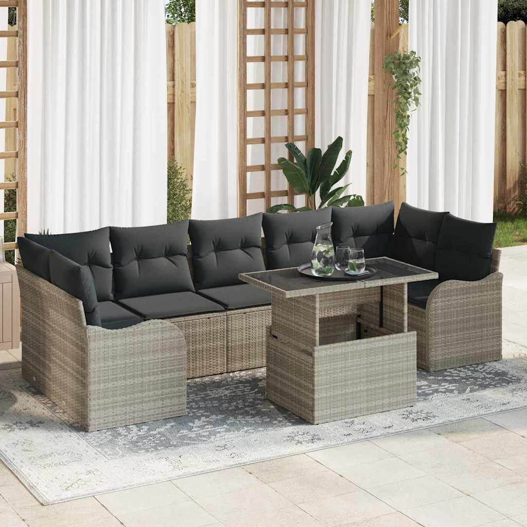 Gartensofa-set mit Kissen 8 pcs Hellgrau und Grau Poly-Rattan