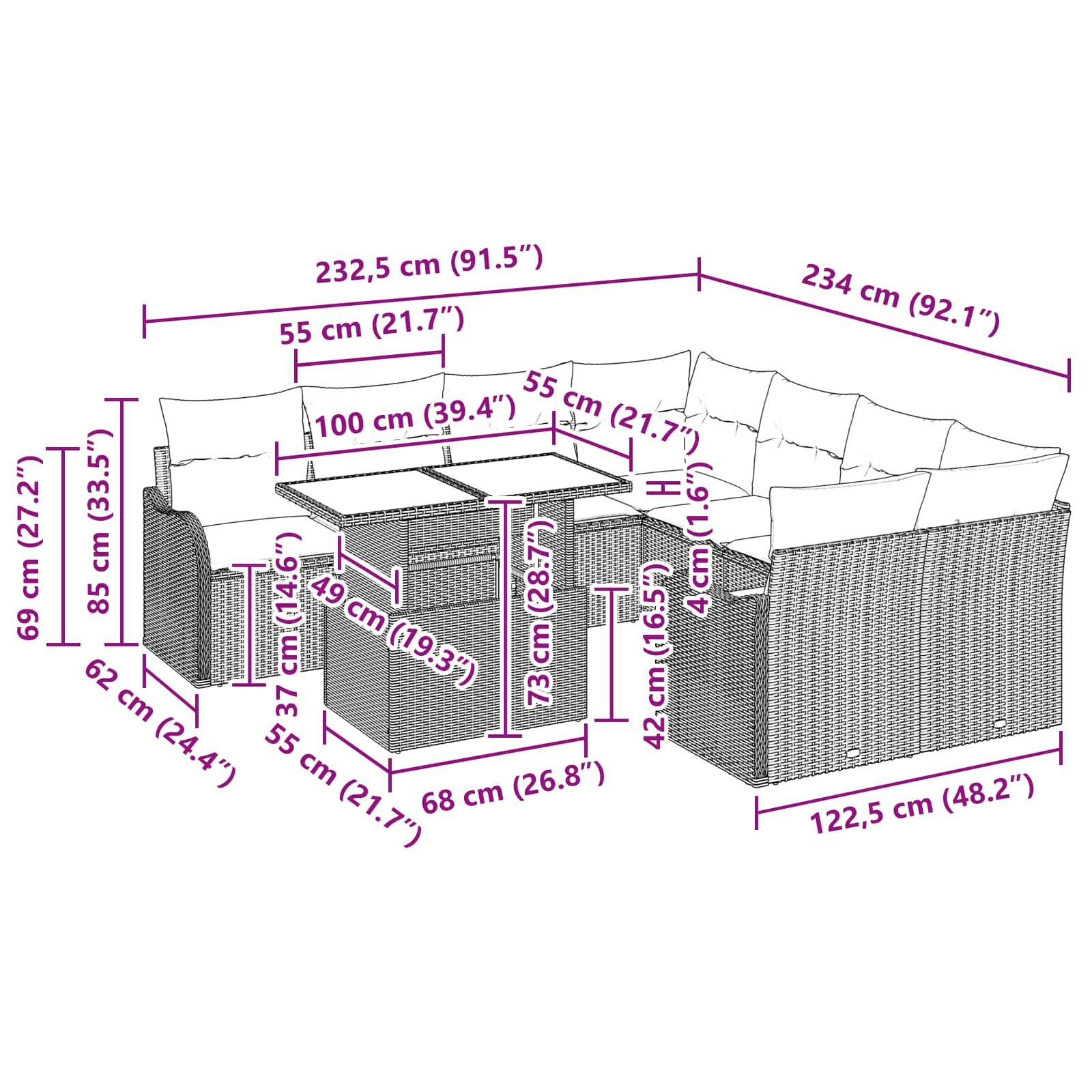 Gartensofa-set mit Kissen 9 pcs Braun Poly-Rattan