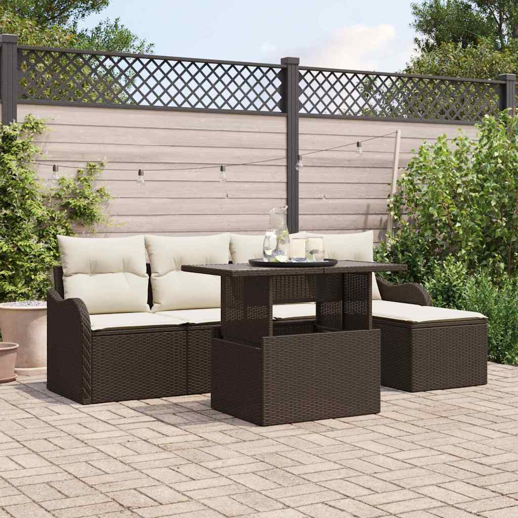 Sitzgruppe für den Outdoor mit Kissen 6 pcs Braun Poly Rattan