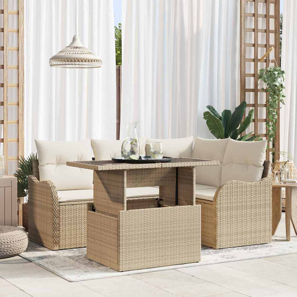Outdoortisch-Set mit Kissen 5 pcs Beige Poly Rattan