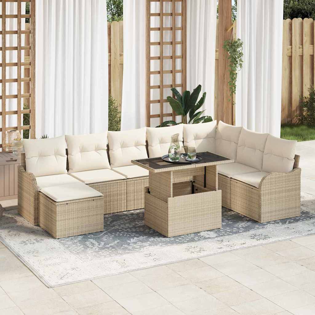 Garten-Sofa-Set mit Kissen 9 pcs Beige Poly Rattan