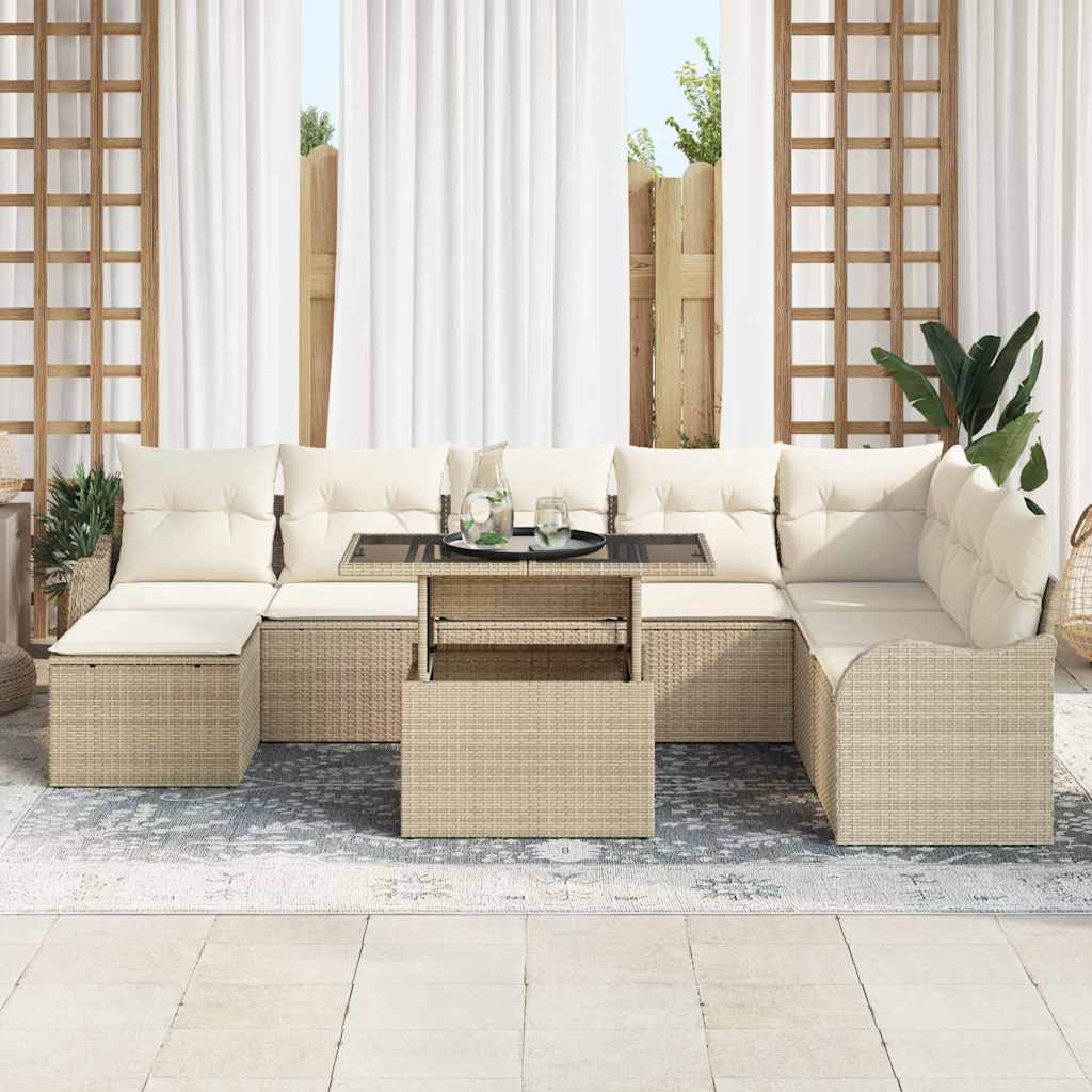 Garten-Sofa-Set mit Kissen 9 pcs Beige Poly Rattan