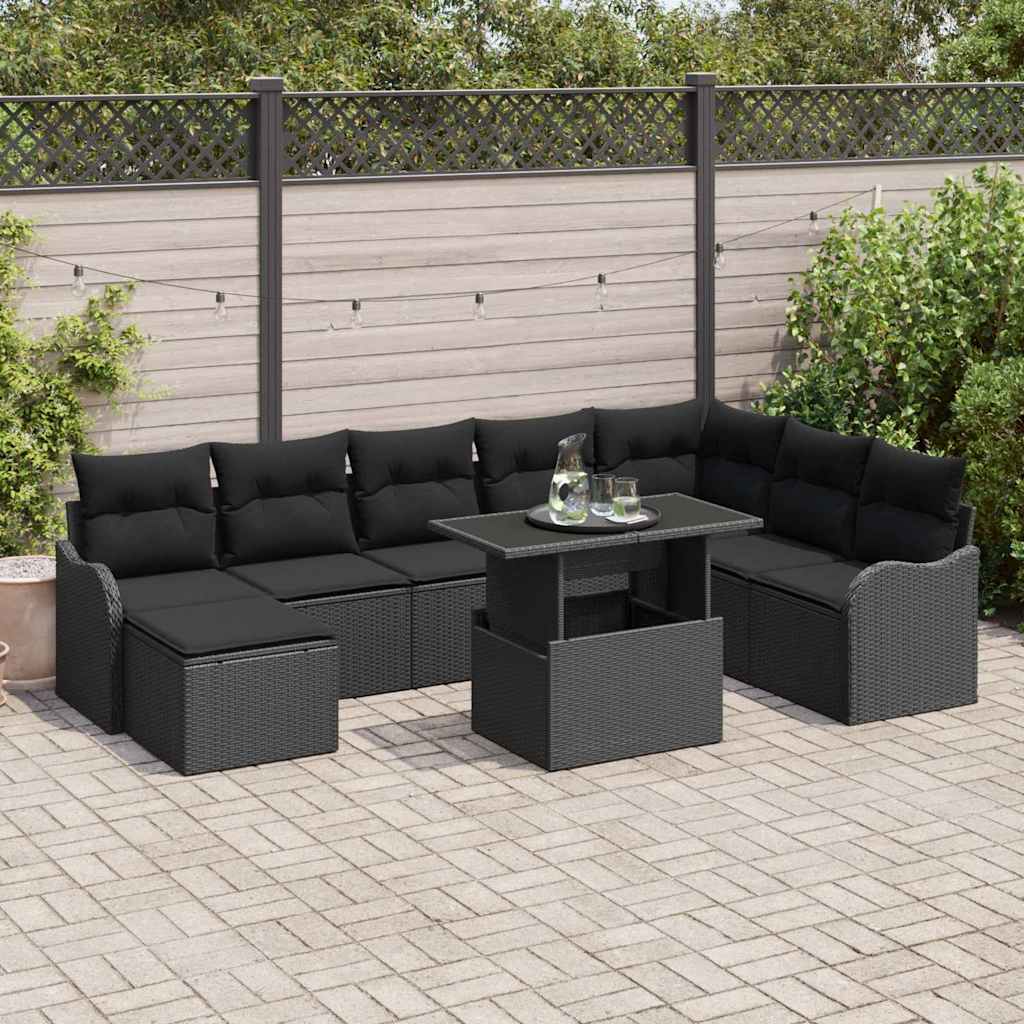 Gartensofa-set 9 stk. Schwarz Poly Rattan