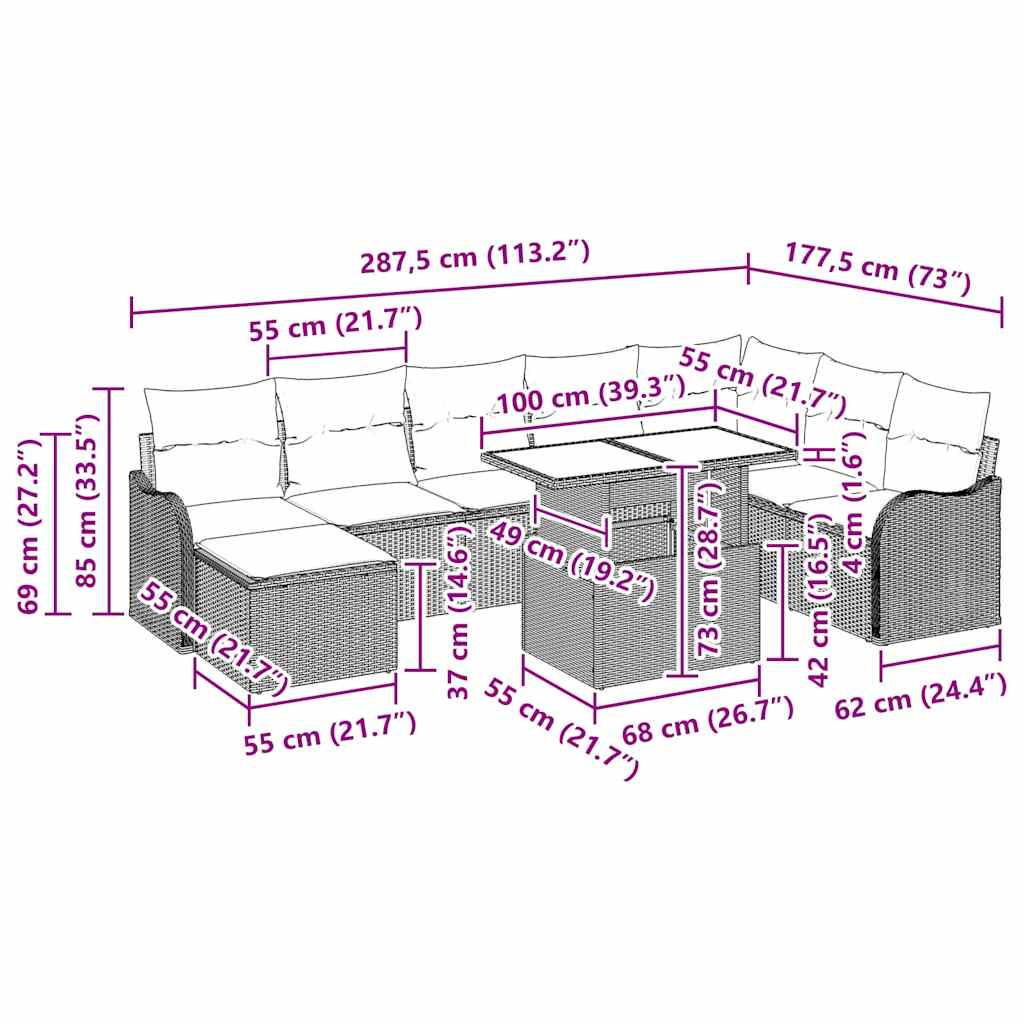 Gartensofa-set 9 stk. Schwarz Poly Rattan