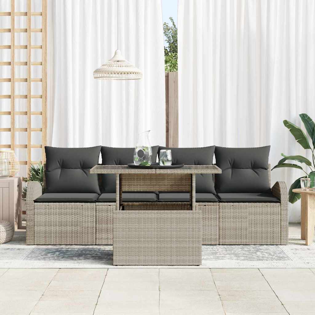 Gartensofa-set mit Kissen 5 pcs Hellgrau Poly-Rattan