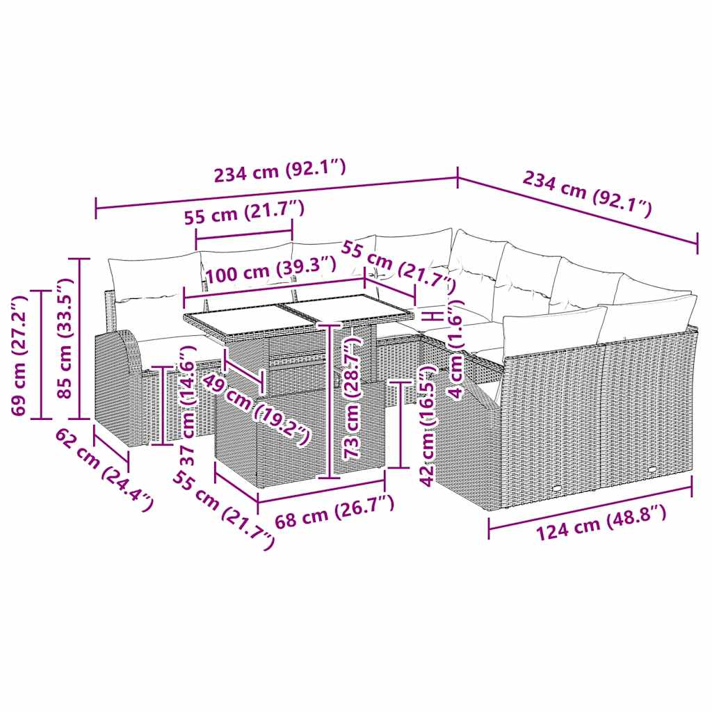 Gartensofa-set 9 stk. Grau Poly-Rattan