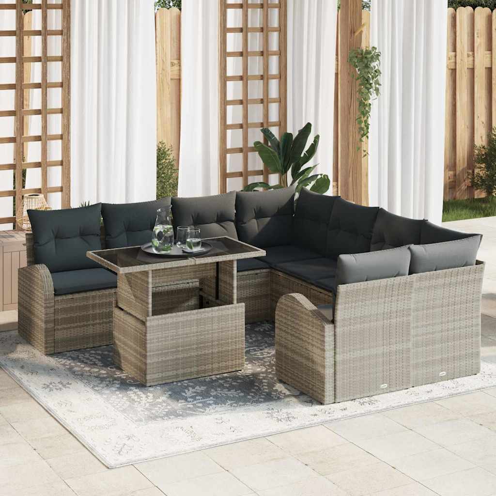 Gartensofa-set 9 stk. Hellgrau Poly-Rattan