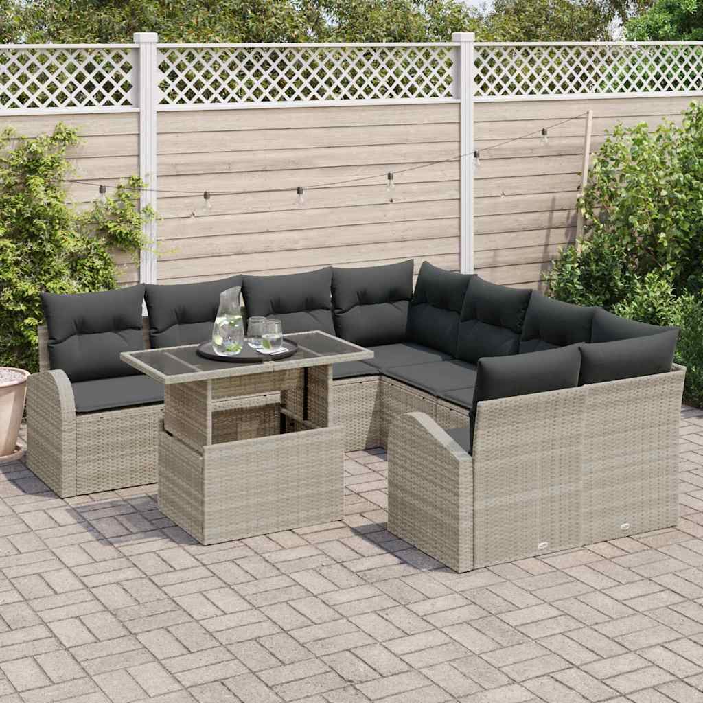 Gartensofa-set 9 stk. Hellgrau Poly-Rattan