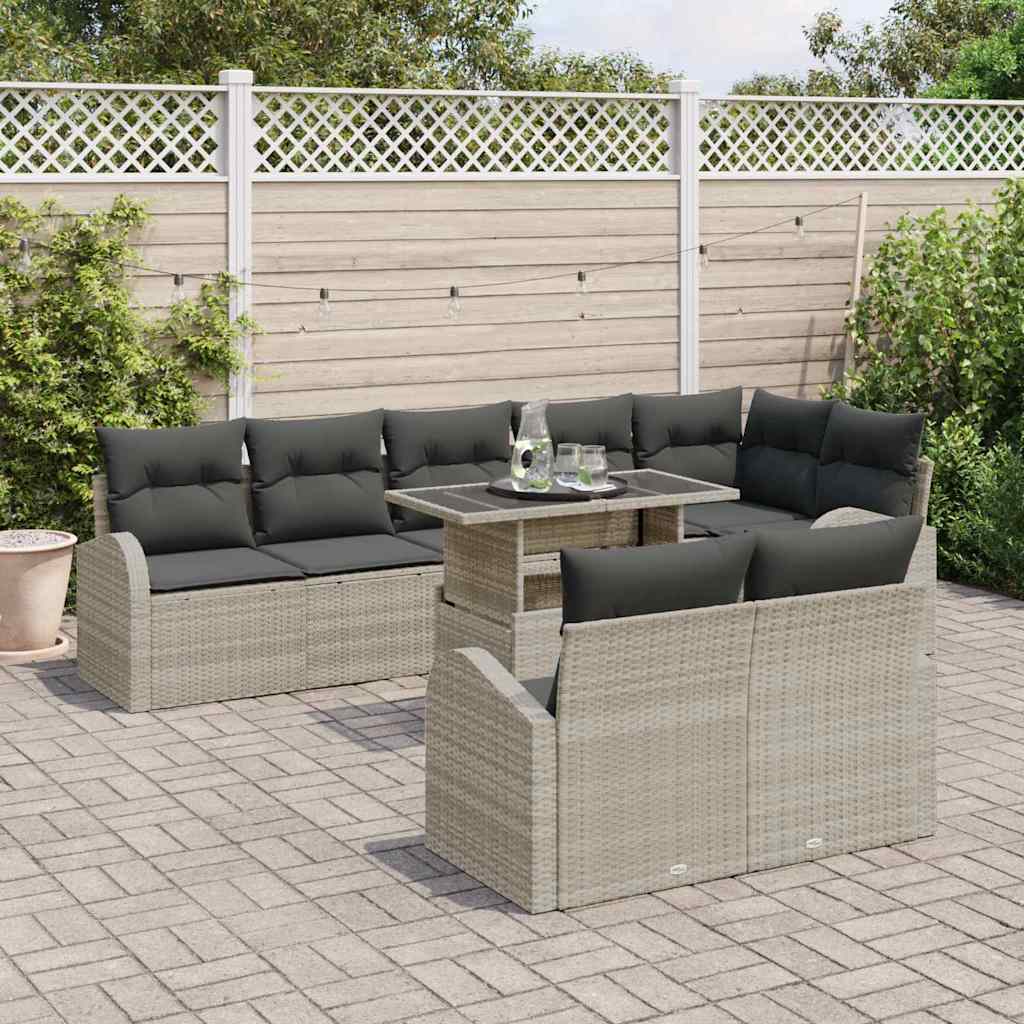 Gartensofa-set 9 stk. Hellgrau Poly-Rattan