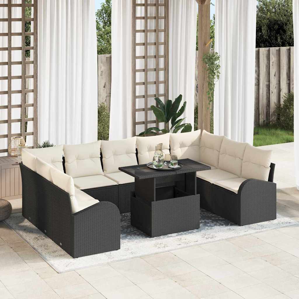 Gartensofa-set 10 stk. Schwarz und Creme Poly-Rattan