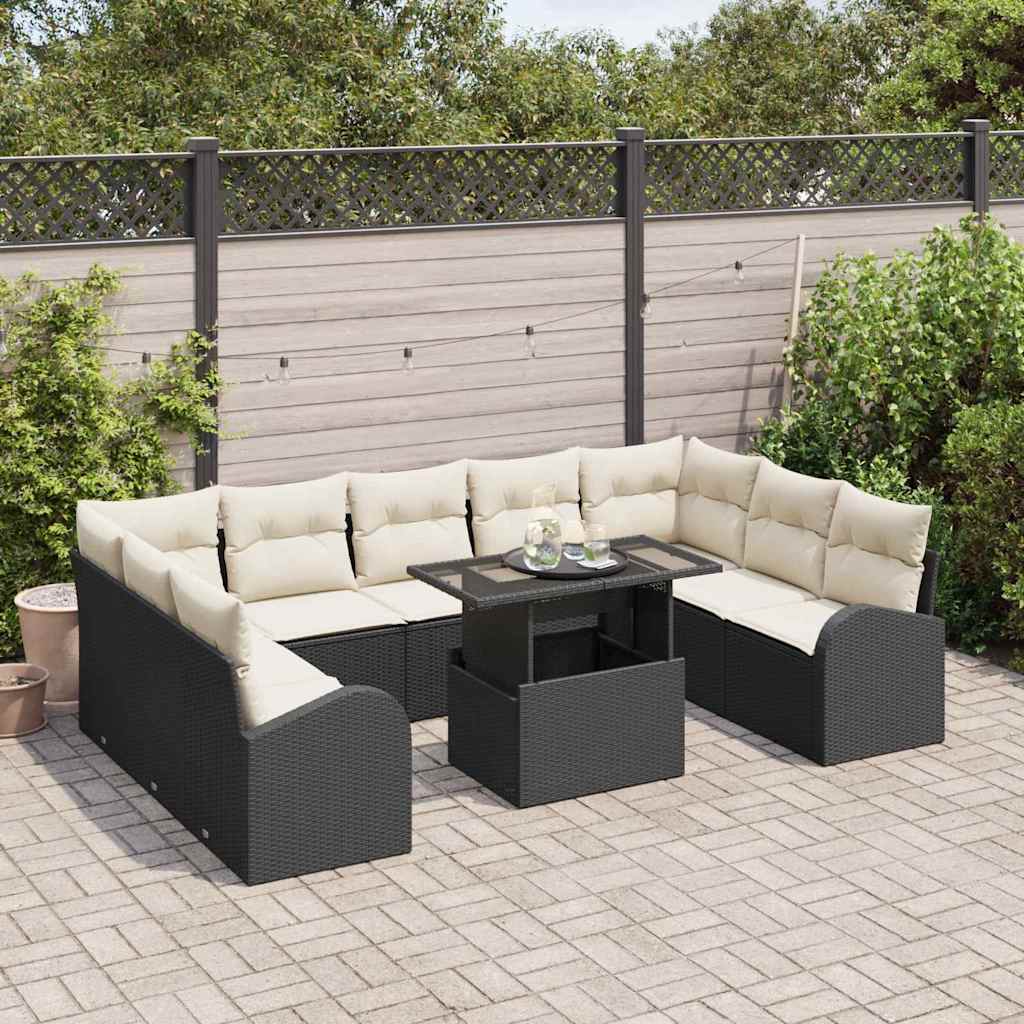 Gartensofa-set 10 stk. Schwarz und Creme Poly-Rattan