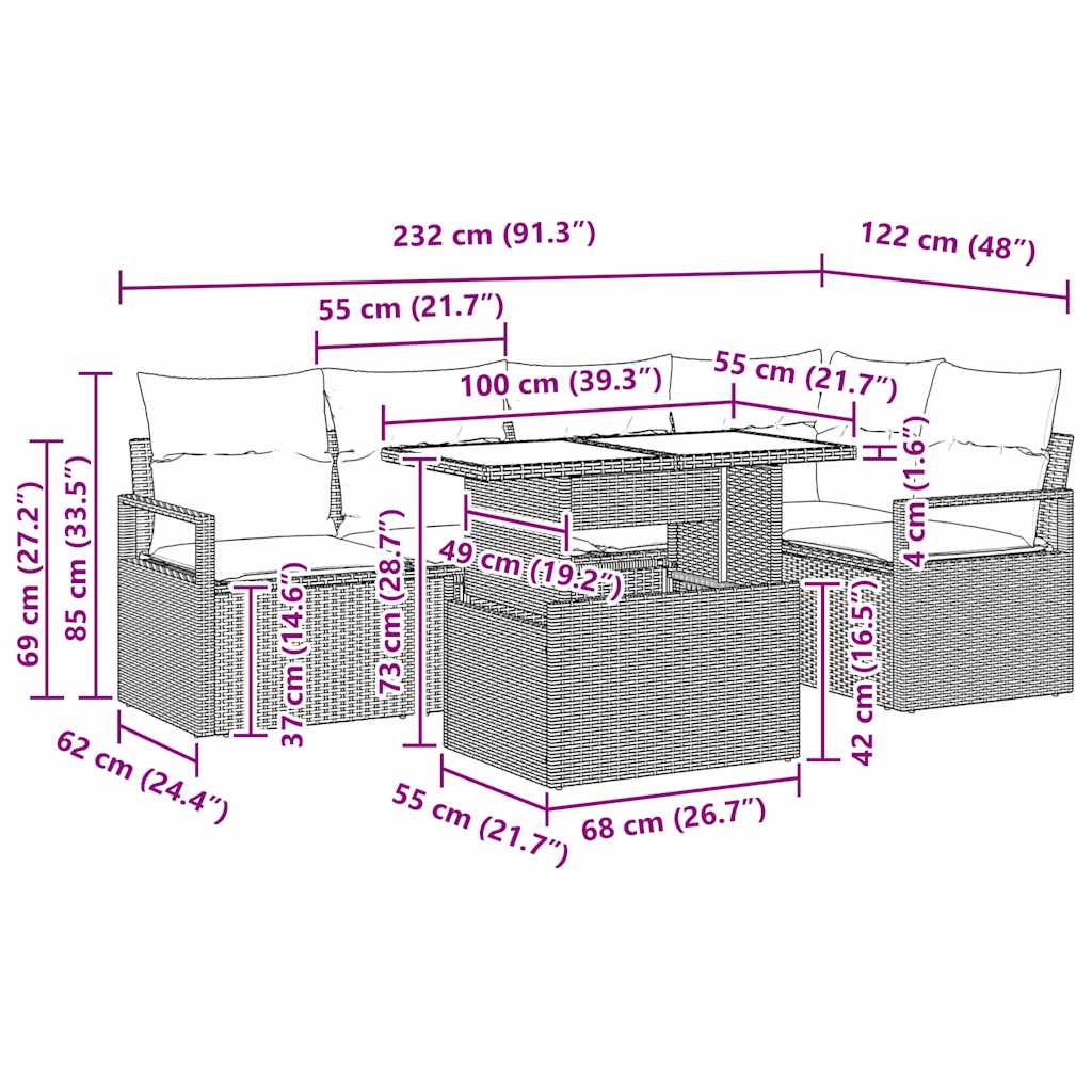 Gartensofa-set 6 stk. 5-Sitzanzahl Schwarz und Creme