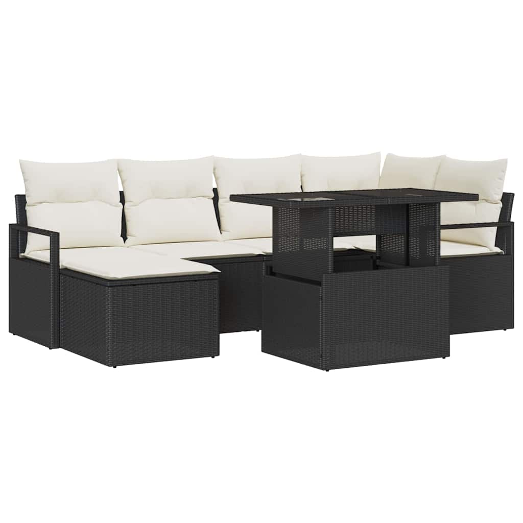 Gartensofa-set 7 stk. Schwarz und Creme Poly-Rattan