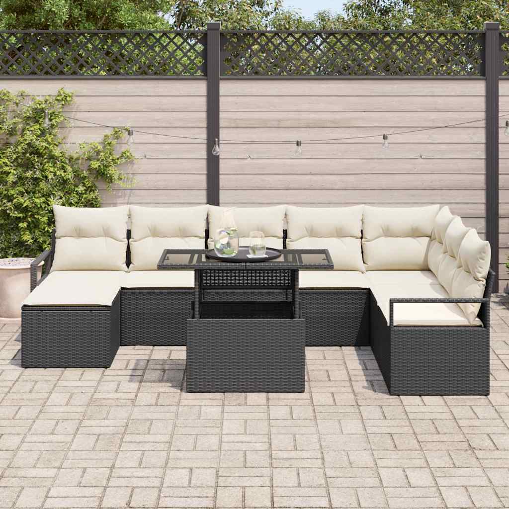 Gartensofa-set 9 stk. Schwarz und Creme Poly-Rattan
