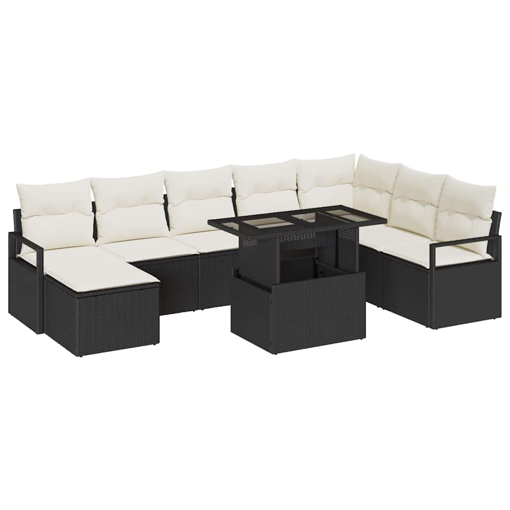 Gartensofa-set 9 stk. Schwarz und Creme Poly-Rattan