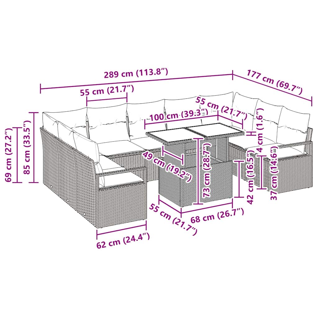 Gartensofa-set 10 stk. 9-Sitzanzahl Schwarz und Creme