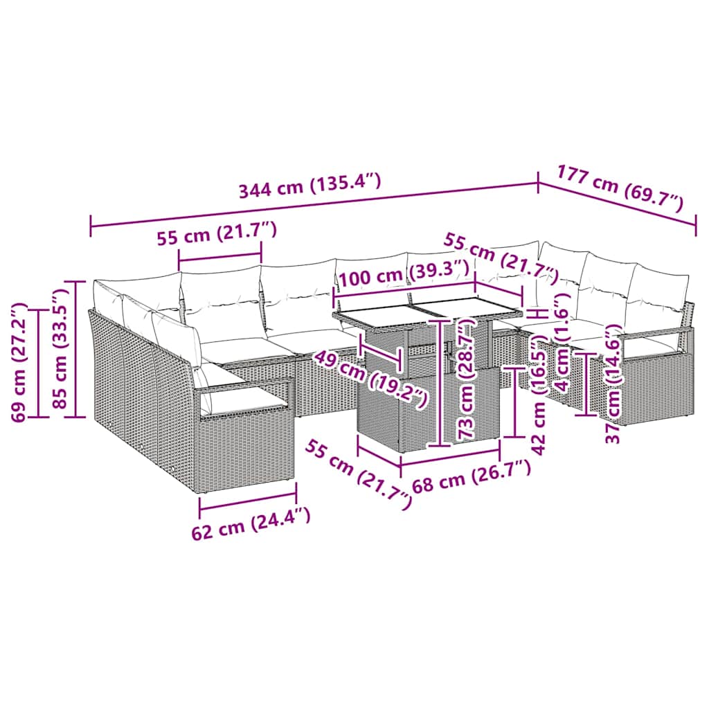 Garten-Sofa-Set mit Kissen 11 pcs Grau Poly-Rattan