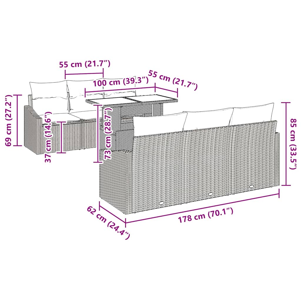 Gartensofa-set 7 stk. Schwarz Poly-Rattan