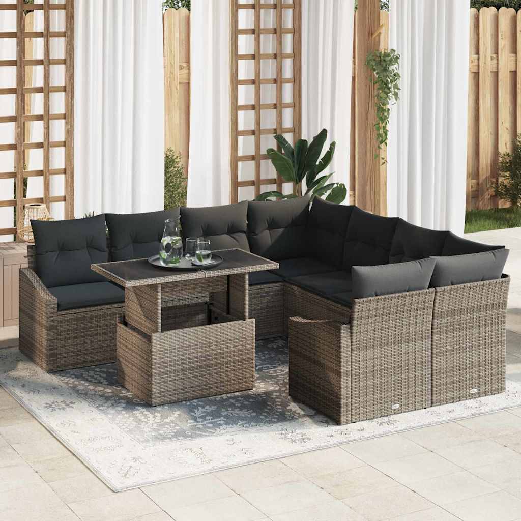 Gartensofa-set 9 stk. Grau Poly-Rattan