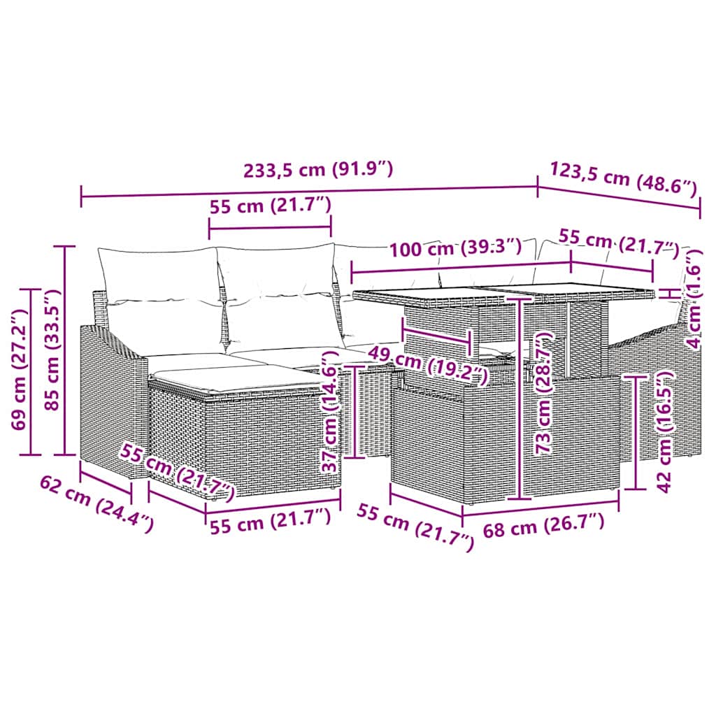 Gartensofa-set 7 stk. Schwarz Poly-Rattan