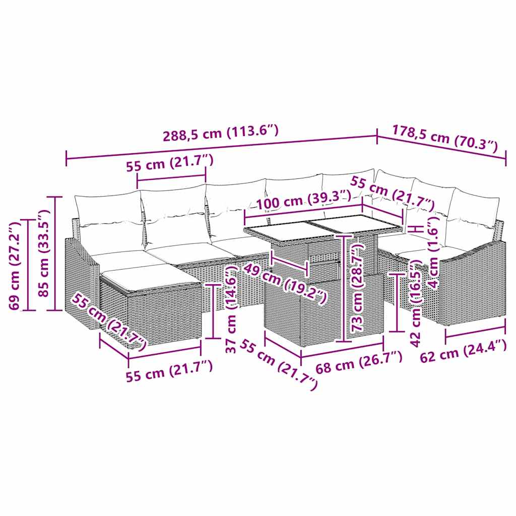 Sofa Set mit Kissen 9 pcs Beige und Creme Poly-Rattan