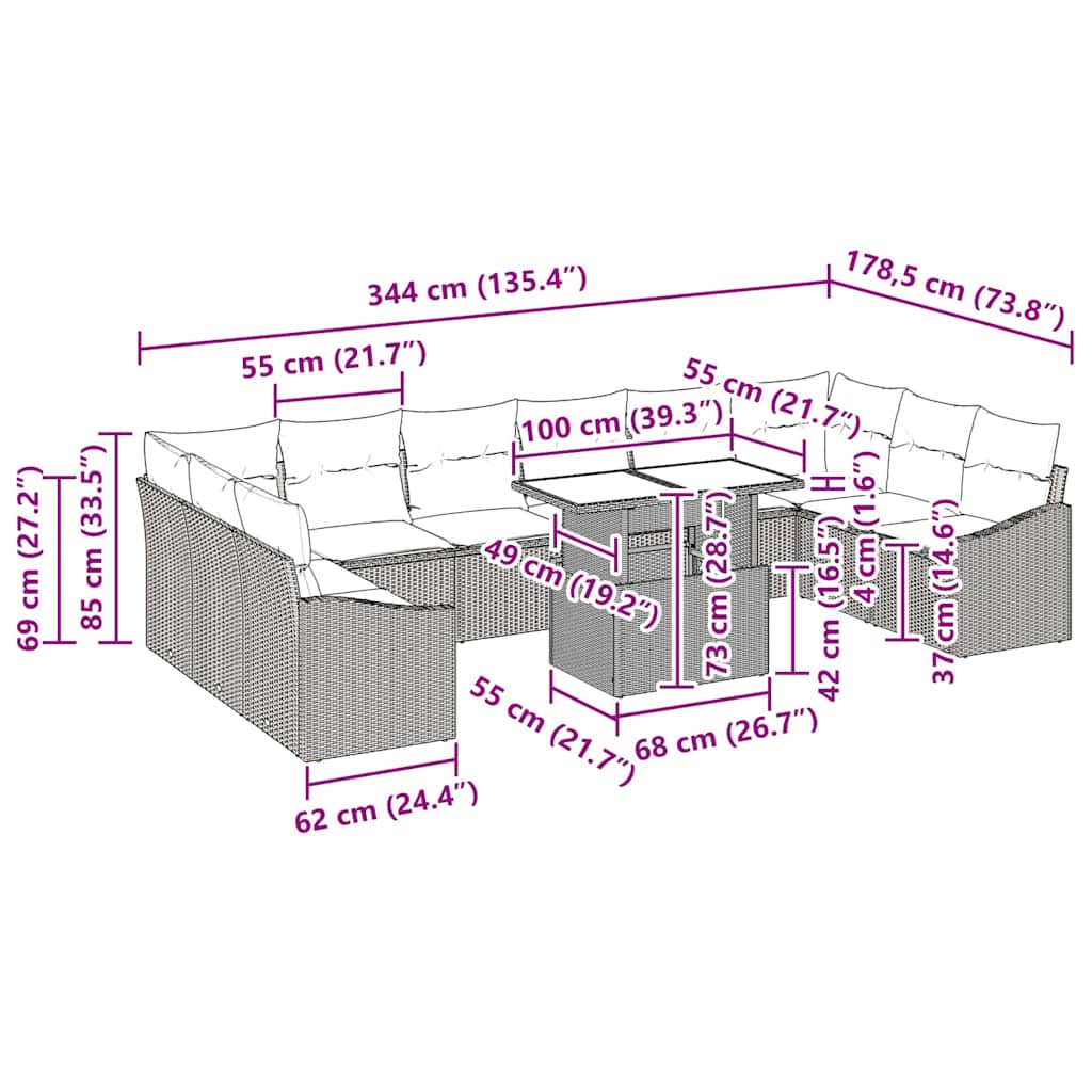 Sofa Set 11 stk. Schwarz Poly-Rattan