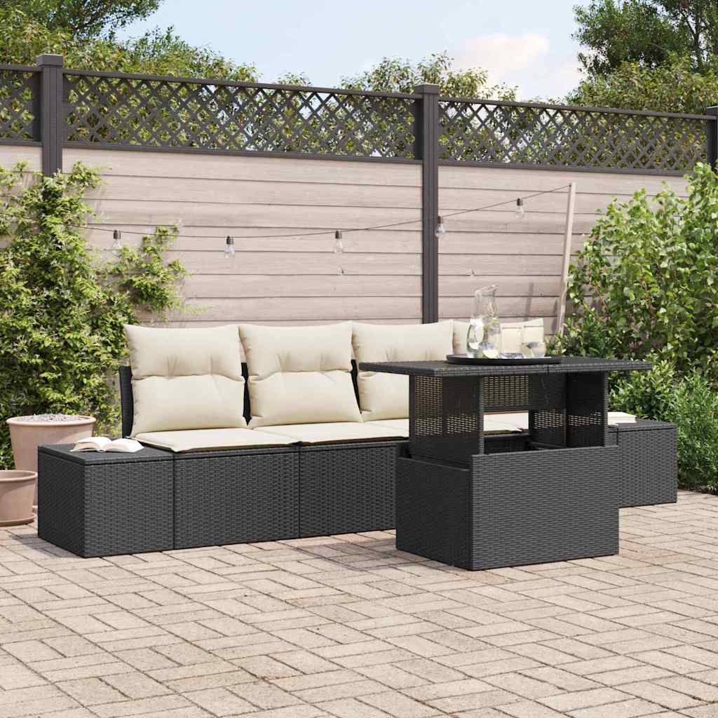 Sofa Set 5 stk. Schwarz und Creme Poly-Rattan
