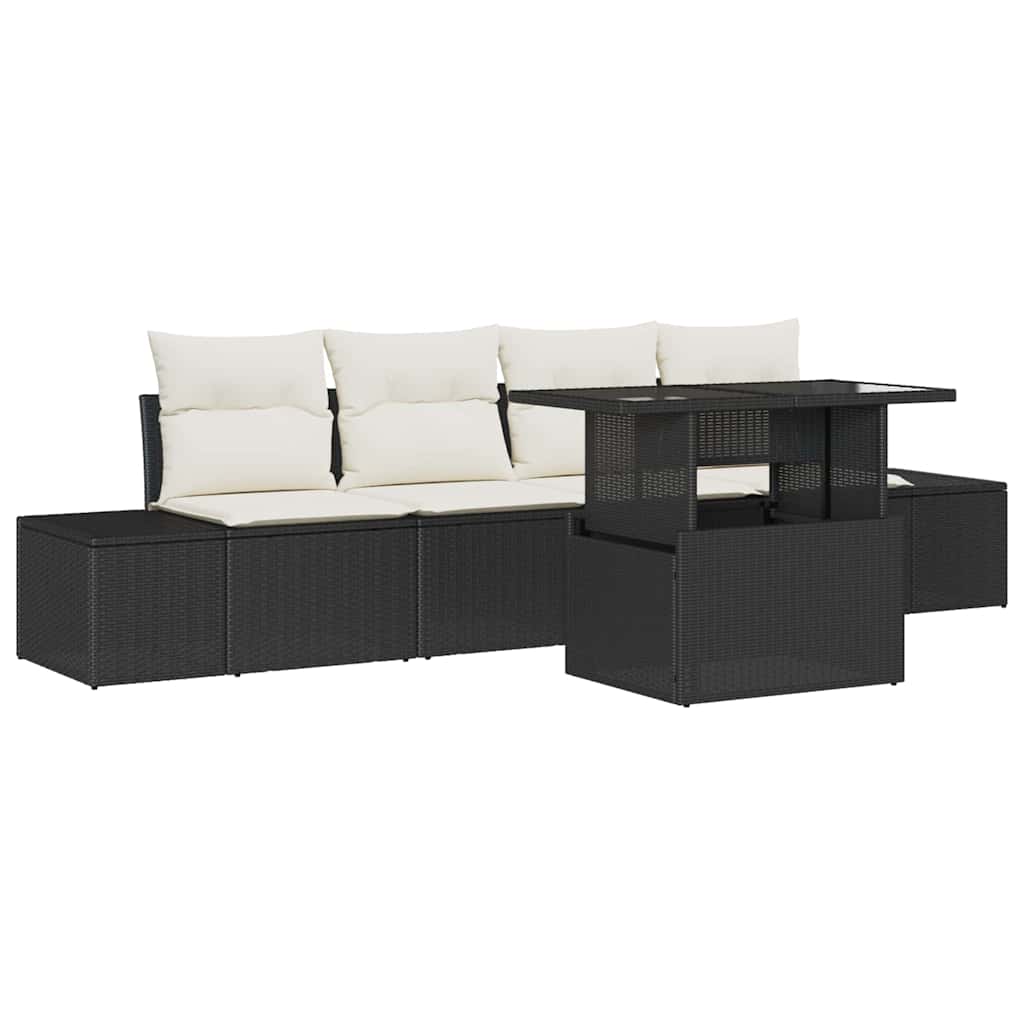 Sofa Set 5 stk. Schwarz und Creme Poly-Rattan