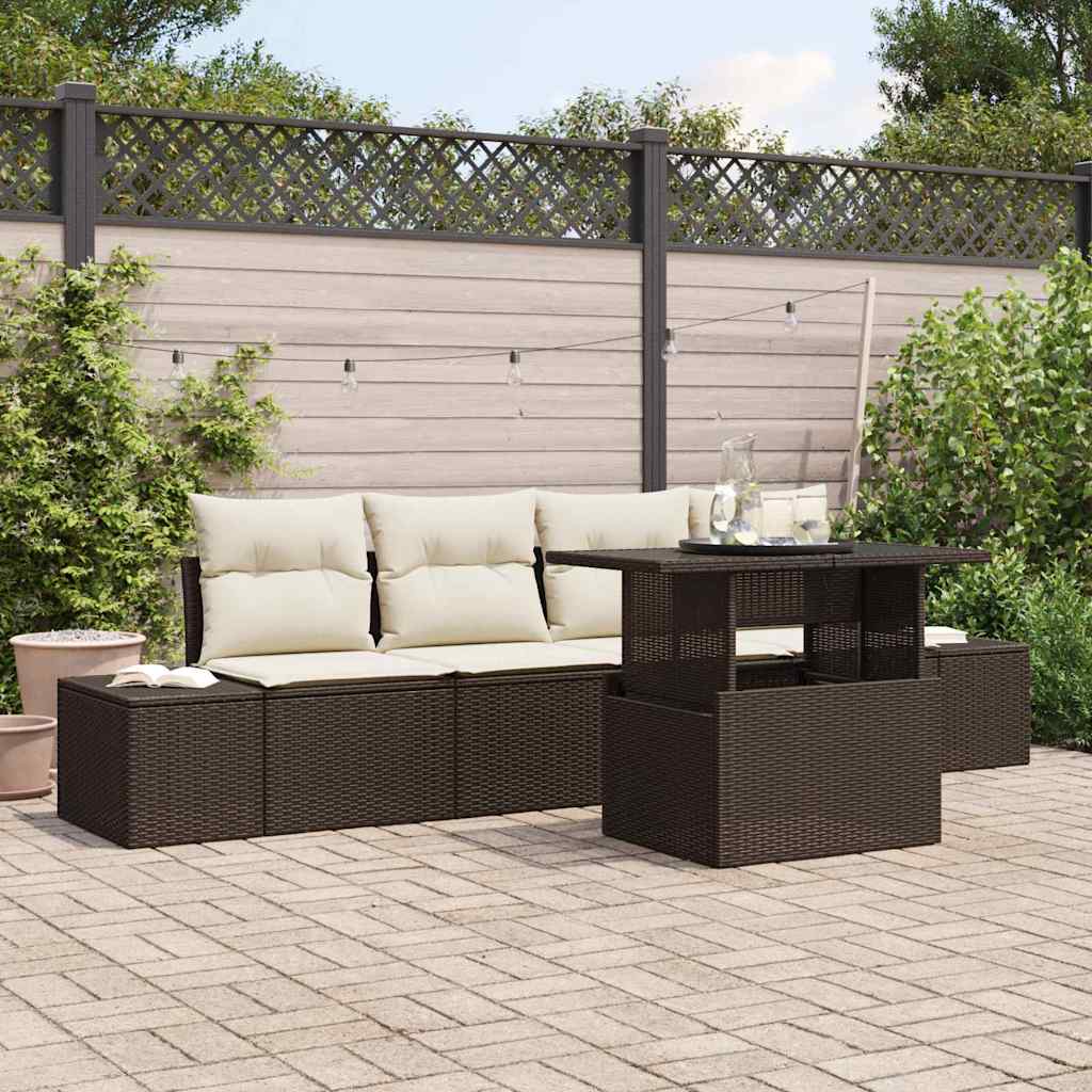 Sofa Set 5 stk. Braun und Creme Poly-Rattan