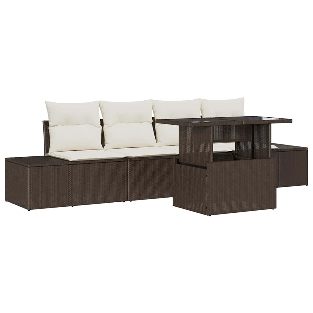 Sofa Set 5 stk. Braun und Creme Poly-Rattan