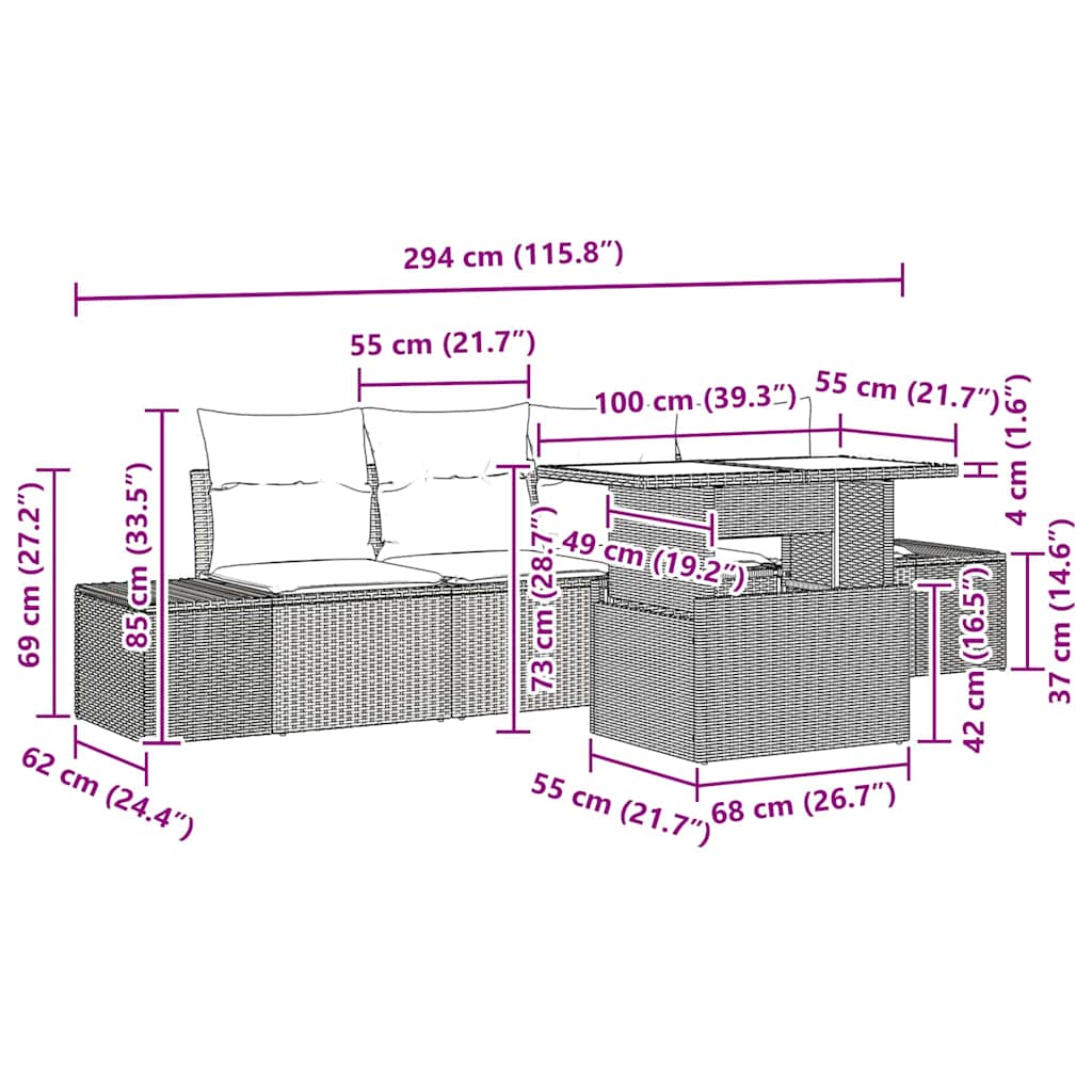 Sofa Set 5 stk. Braun und Creme Poly-Rattan
