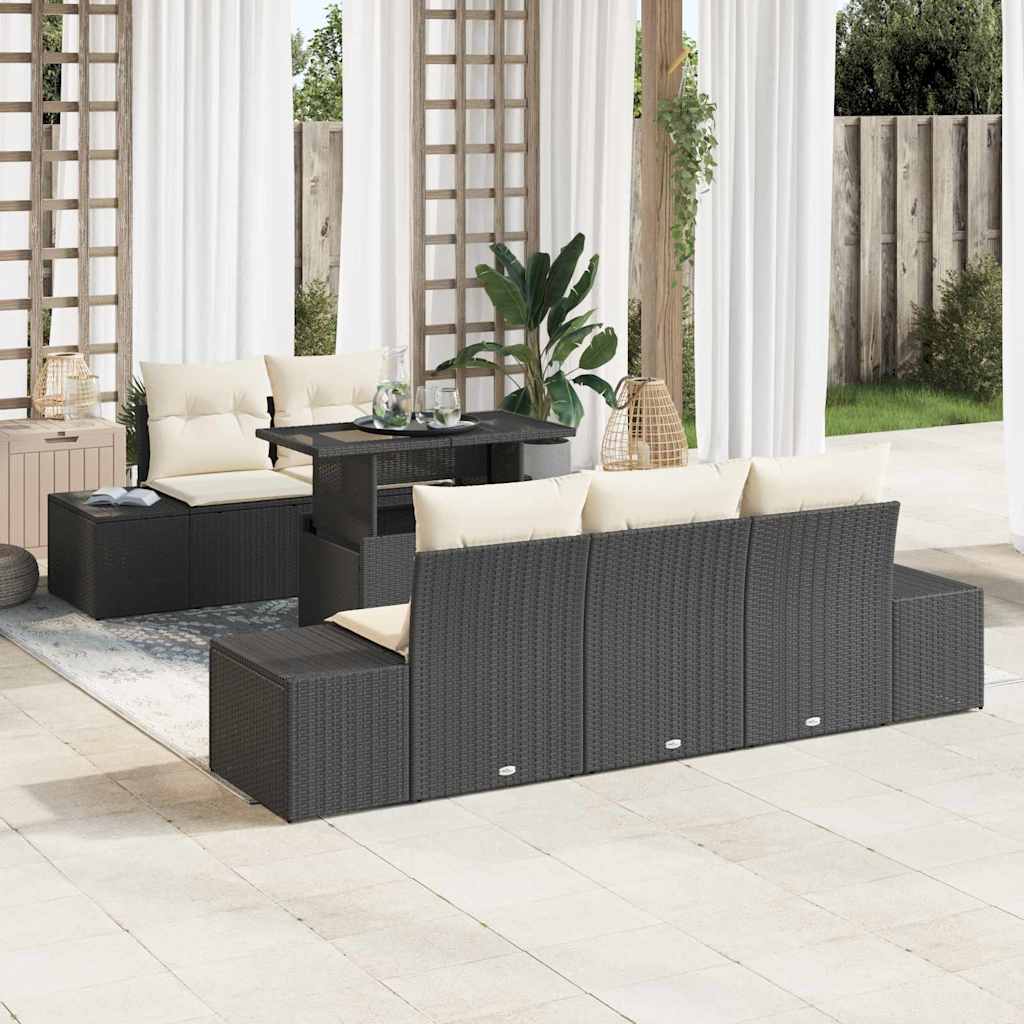 Sofa Set 6 stk. Schwarz und Creme Poly-Rattan