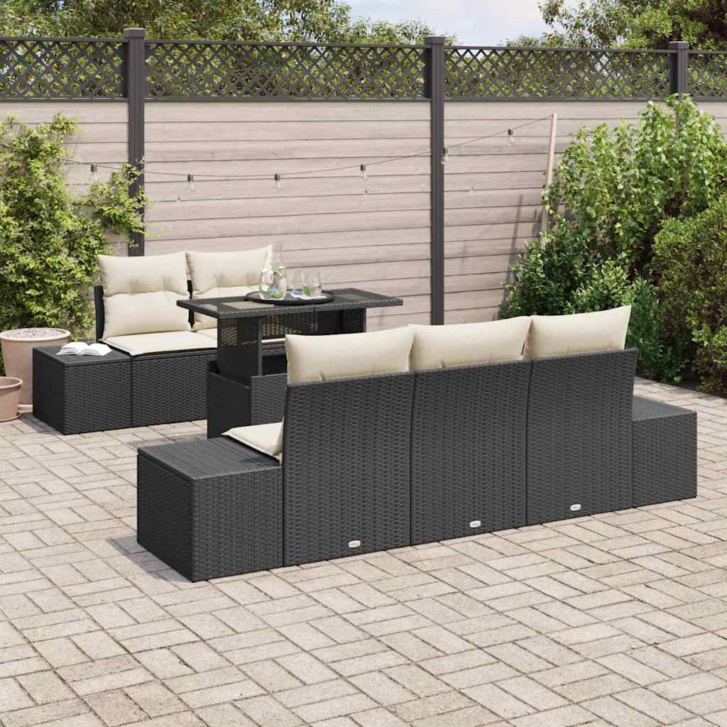Sofa Set 6 stk. Schwarz und Creme Poly-Rattan
