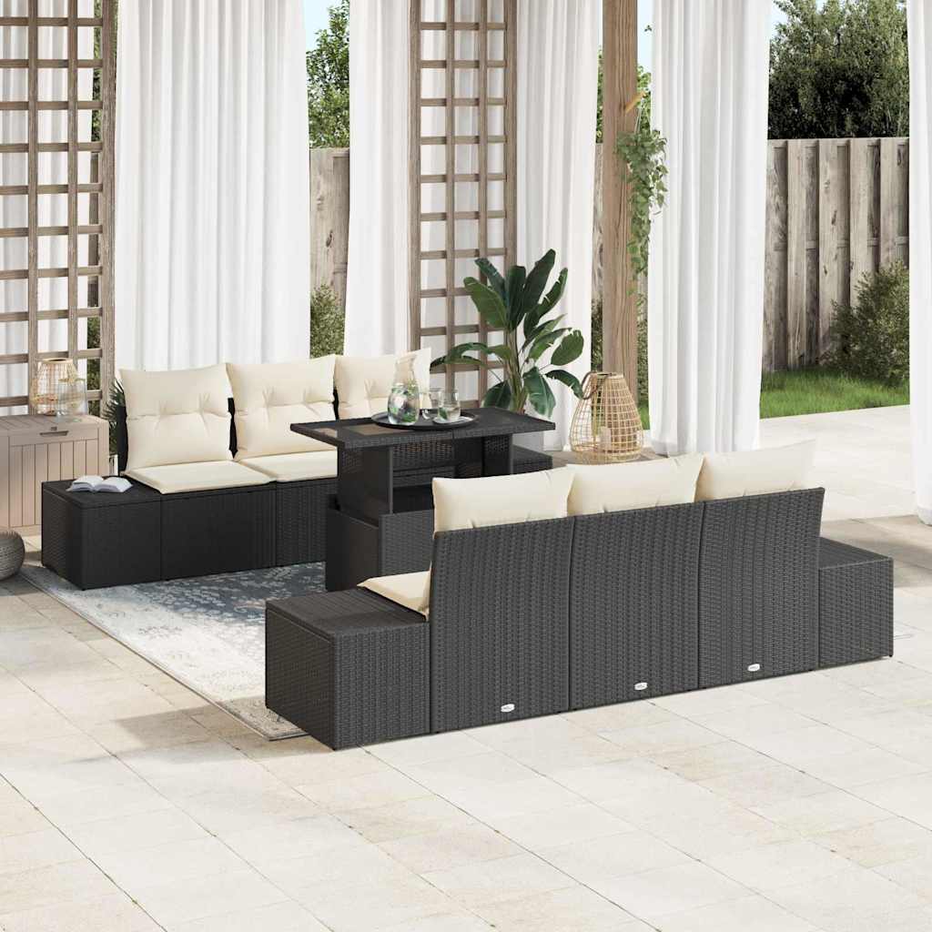 Sofa Set 7 stk. Schwarz und Creme Poly-Rattan