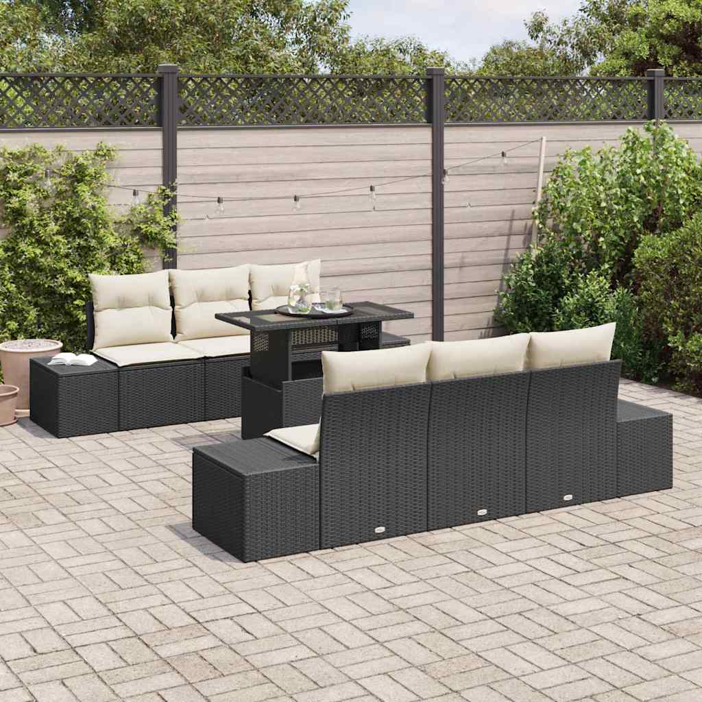 Sofa Set 7 stk. Schwarz und Creme Poly-Rattan