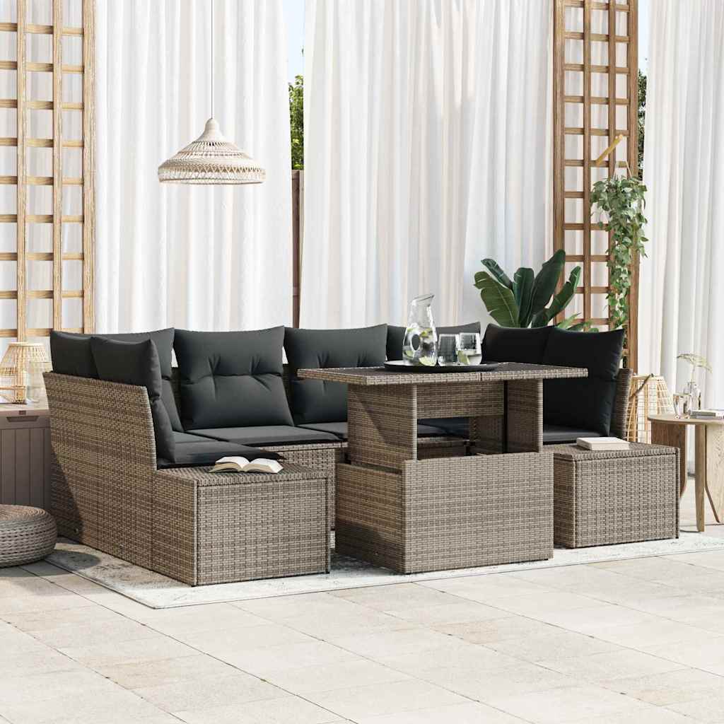 Sofa Set mit Kissen 7 pcs Grau Poly-Rattan